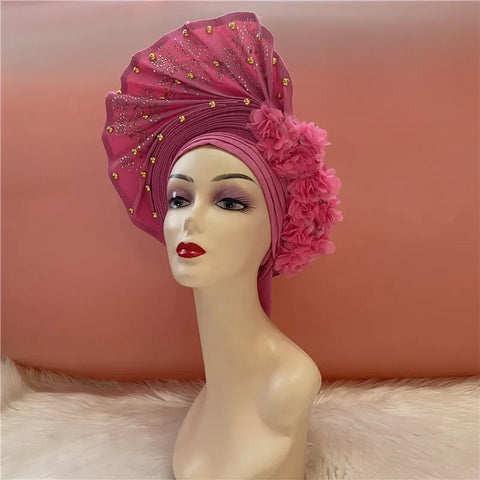 Image of African Nigerian gel headgear with stone bead already made auto turban afro aso ebi gel aso oke wide br im headgear 9L032801-FrenzyAfricanFashion.com