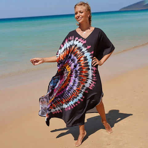 Image of Kaftan Dresses Women Bohemian Maxi Tie Dye Rayon Summer Holiday Bathing Suits-FrenzyAfricanFashion.com