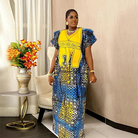 Image of African Dresses For Women Traditional Embroidery Bazin Dress-FrenzyAfricanFashion.com
