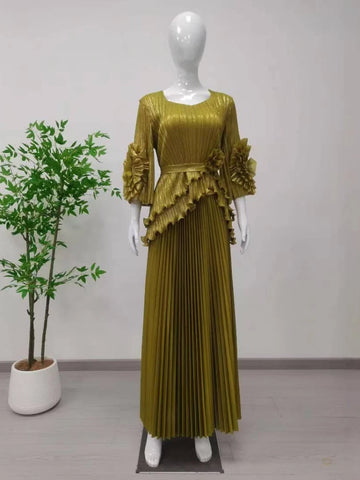 Image of Pleated Set Women Solid Tierred Ruffles Top & Large Size Folds A-line Skirt Two Pieces Sets-FrenzyAfricanFashion.com