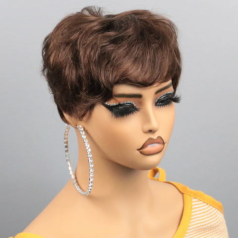 Image of Brown Short Pixie Cut Wig Human Hair For Black Women Machine Made Wigs With Bangs Colored Brazilian Wig Human Hair Wigs-FrenzyAfricanFashion.com