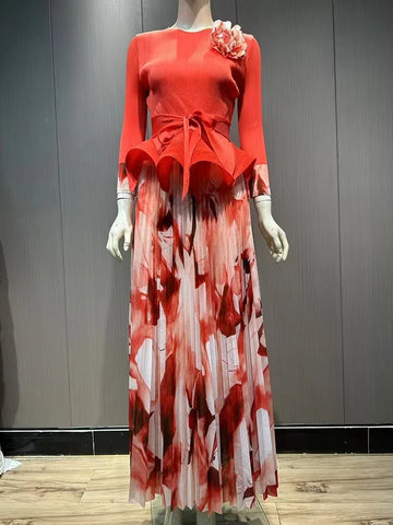 Image of Ruffled Pleated A-line Skirts 2 Pieces Set Women Fashion Ruffle Hem Flower Top-FrenzyAfricanFashion.com