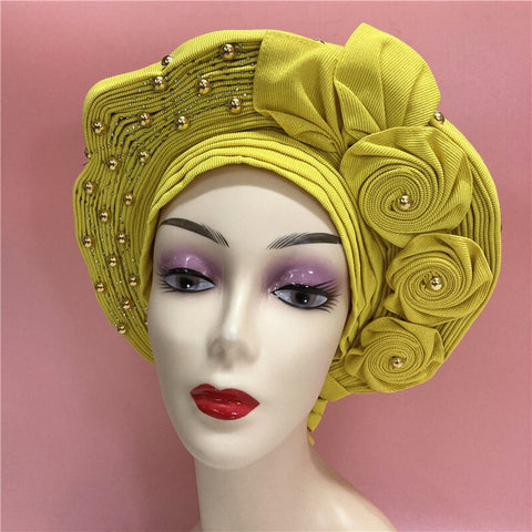 Image of African headtie nigerian gele headties with beads and stones women head wrap sewing fabric for party 1set-FrenzyAfricanFashion.com