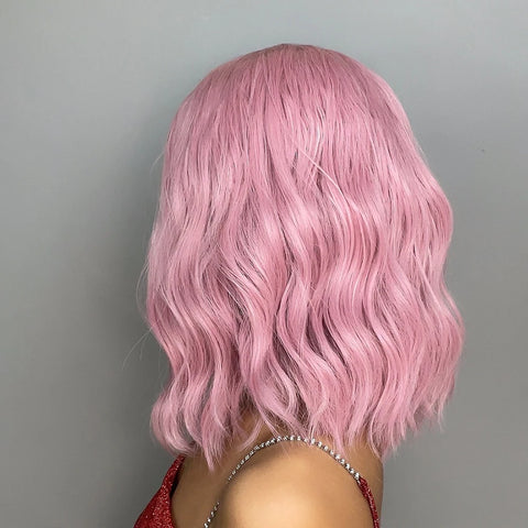 Image of Light Pink Short Wavy Synthetic Hair Wigs with Bangs Cosplay Natural Shoulder Length Bob Wig For Women Afro Heat Resistant Fiber-FrenzyAfricanFashion.com
