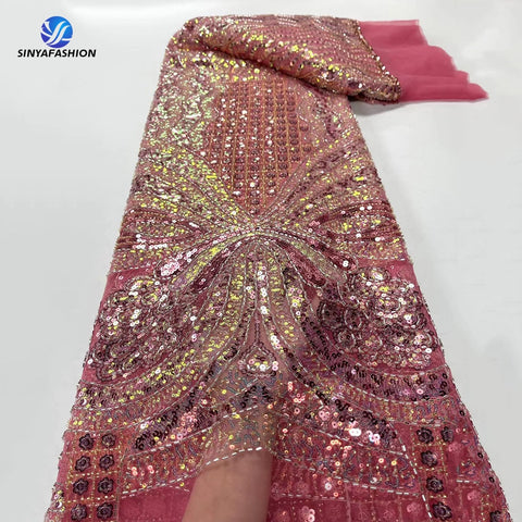 Image of High Quality African Nigerian French Tulle Fully Sequins Luxury Heavy Handmade Beaded Lace Fabric For DIY Wedding Dress-FrenzyAfricanFashion.com