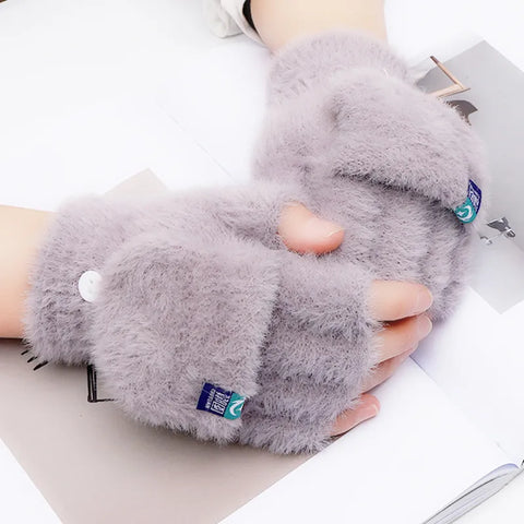 Image of Fashion Women Plush Warm Glove Fur Rabbit Cat Mittens Flip Fingerless Gloves Soft Girls Thick Gloves Flexible Half Finger Winter-FrenzyAfricanFashion.com