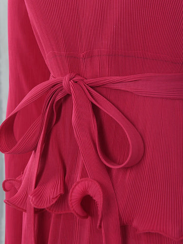 Image of Ruffles Pleated Dress Women Lapel Elegant Dresses With Belt-FrenzyAfricanFashion.com