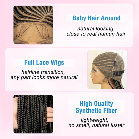 Image of Full Lace Cornrow Braided Wigs Black Women Handmade Synthetic Long Box Braided Wig with Baby Hair Lace Front Braids Wigs-FrenzyAfricanFashion.com