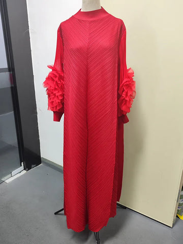 Image of Maxi Pleated Dress Round Neck Spliced Full Sleeve Dresses For Women-FrenzyAfricanFashion.com