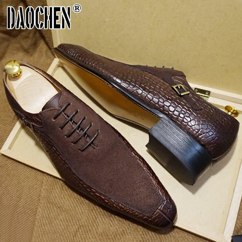 Image of Luxury Men Oxford Shoes Lace up Split Toe Coffee Black Formal Men Dress Shoes Suede Patchwork Crocodile prints Leather Shoes Men-FrenzyAfricanFashion.com