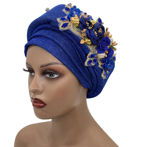 Image of Exquisite Bouquet Headtie Traditional Marriage Wedding Auto Gele Bonnet Head Wraps-FrenzyAfricanFashion.com