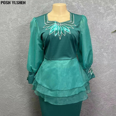 Image of Plus Size Dresses Women Organza Ruffles Sleeves Outfits-FrenzyAfricanFashion.com