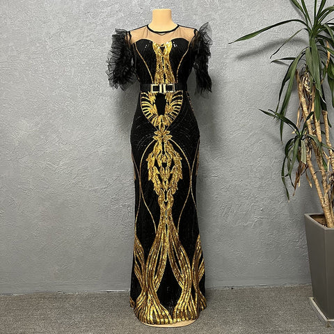 Image of Sequins Bodycon Maxi Dress Women Clothes Club Outfit Dashiki Ankara Evening Party Clothing-FrenzyAfricanFashion.com