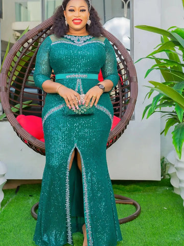 Image of Plus Size African Party Dresses for Women Dashiki Ankara Sequin Wedding Evening Gown Sexy Bodycon Maxi Robe Africa Clothing 2024-FrenzyAfricanFashion.com