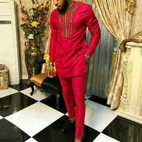 Image of Men's Elegant Long Sleeve Suit Shirt Pants 2-piece Solid Color Party Long Sleeve African Ethnic Style-FrenzyAfricanFashion.com