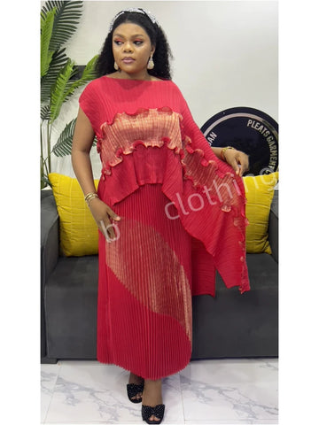 Image of Spring New Women's Color Matching Pleated Set Shawl Irregular Top Long Elastic Waist Skirt 2 Pieces Sets-FrenzyAfricanFashion.com