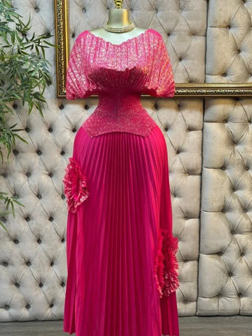 Image of Wedding Guest Luxury Pleated 2 Pieces Set Women Short Batwing Half Sleeved Irregular Hem Top + 3D Flowers A-line Skirt-FrenzyAfricanFashion.com