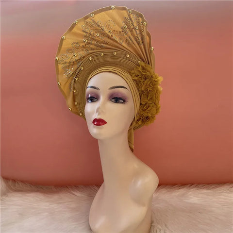 Image of African Nigerian gel headgear with stone bead already made auto turban afro aso ebi gel aso oke wide br im headgear 9L032801-FrenzyAfricanFashion.com