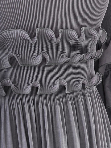 Image of Fashion Pleated Dress O-Neck Long Sleeved Solid Color-FrenzyAfricanFashion.com