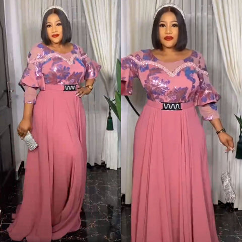 Image of Summer Dresses Women 3/4 Sleeve O-neck Polyester Pink Long Maxi Dress with Belt-FrenzyAfricanFashion.com