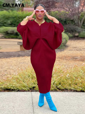 Image of Women Pleated Batwing Long Sleeve V-neck Slim Maxi Long Dress Ruched Dresses-FrenzyAfricanFashion.com