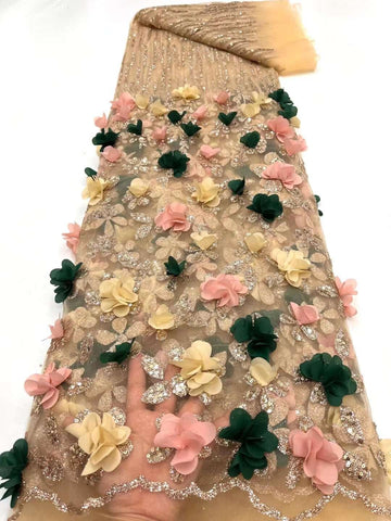 Image of Sequins Applique Fashion 3D Flower Embroidery French Tulle Fabric-FrenzyAfricanFashion.com