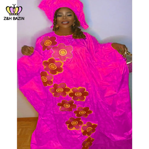 Image of African Dresses For Woman Plus Size Bazin Riche Robe Embroidery With Embroidery Original Basin Floor Long Dresses With Scarf-FrenzyAfricanFashion.com