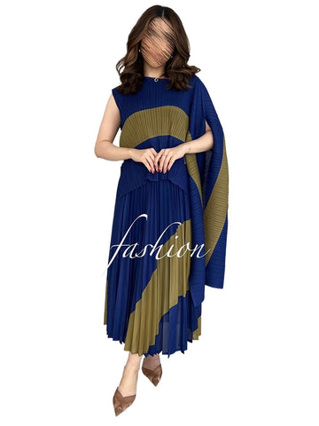 Image of Spring Fashion Pleated Two Piece Set For Women New Irregular Shawl Top + Long Elastic Waist Swing A-line Skirt-FrenzyAfricanFashion.com