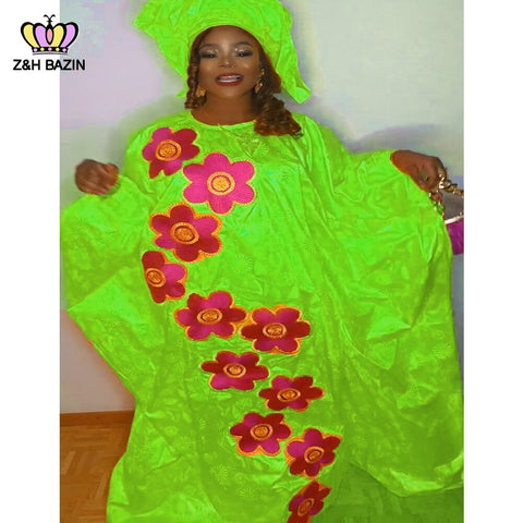Image of African Dresses For Woman Plus Size Bazin Riche Robe Embroidery With Embroidery Original Basin Floor Long Dresses With Scarf-FrenzyAfricanFashion.com