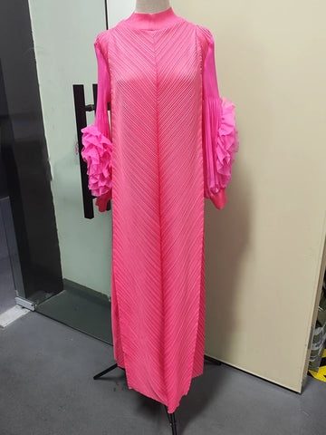 Image of Maxi Pleated Dress Round Neck Spliced Full Sleeve Dresses For Women-FrenzyAfricanFashion.com