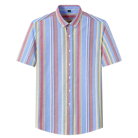 Image of Summer Shirt Men Cotton Solid Color Stripe Plaid Shirt Men Short Sleeve Casual Fitting Oxford Short Sleeve Shirts for Men Causal-FrenzyAfricanFashion.com