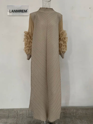 Image of Maxi Pleated Dress Round Neck Spliced Full Sleeve Dresses For Women-FrenzyAfricanFashion.com