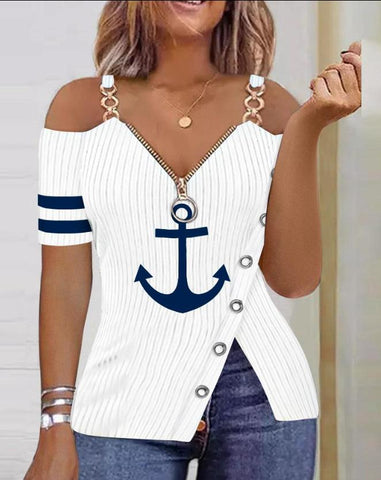 Image of Fashion Y2K Women's Top 2023 Summer Casual Rhinestone Decoration Zipper Details Split Bottom Cold Shoulder Basic Women's T-Shirt-FrenzyAfricanFashion.com
