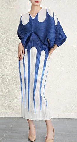 Image of Color Block Printing Pleated Dress Batwing Sleeves Dresses-FrenzyAfricanFashion.com