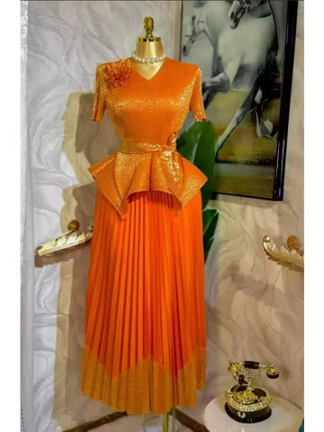 Image of 2025 Spring New Fashion Casual Suit Women's Bronzing Bud V-neck Top High Waist Long Skirt Two-piece Set-FrenzyAfricanFashion.com