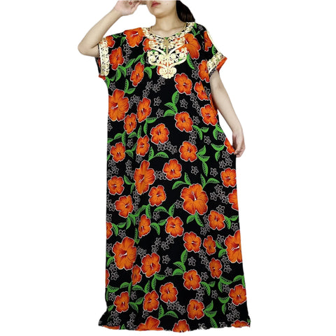 Image of Abaya Cotton Floral Printing Loose Maxi Casual Dress-FrenzyAfricanFashion.com