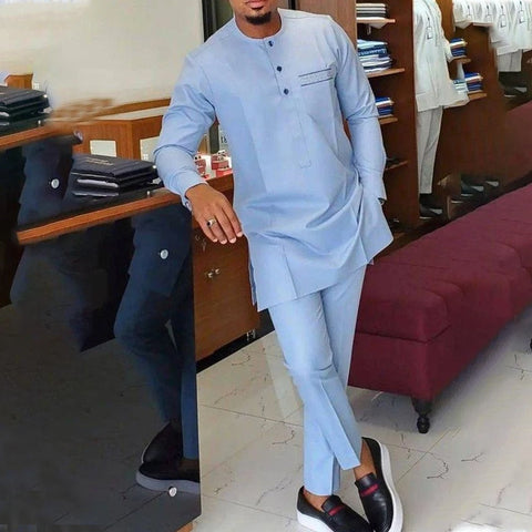 Image of African Men's Printed Top And Trousers Suit Wedding Dress Casual Slim Suit-FrenzyAfricanFashion.com