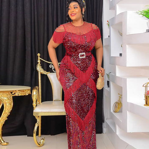 Image of Luxury Sequin Evening Dress Tassel Bodycon Gown Wedding Party Birthday Dress 2023 Summer Clothing-FrenzyAfricanFashion.com
