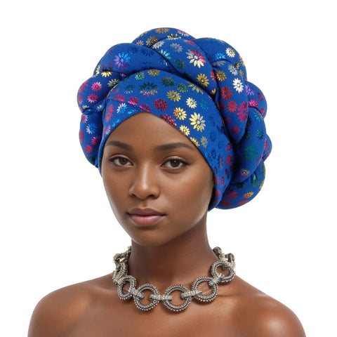Image of Flower Bronzing African Braid Turban Caps Shining Women's Head Wraps Nigeria Wedding Geles Party Headgear Auto Gele Headtie-FrenzyAfricanFashion.com