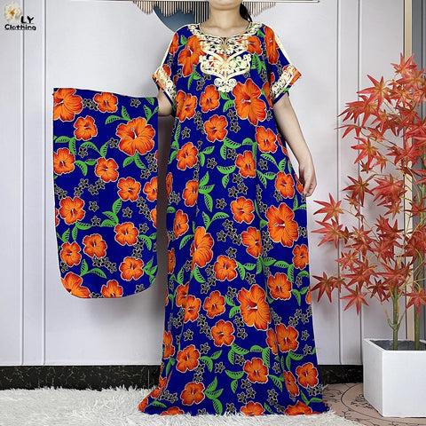 Image of Abaya Cotton Floral Printing Loose Maxi Casual Dress-FrenzyAfricanFashion.com