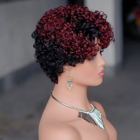 Image of 6inch Short Curly Wigs T1B/99J None Lace Front Human Hair Wigs with Bangs 180% Density Machine Made Pixie Cut Curly Wave Wig-FrenzyAfricanFashion.com