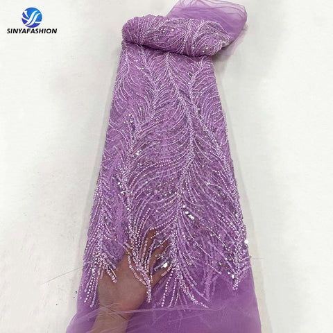 Image of Orange Sequins Pearls Beads French Tulle Mesh Net Embroidery Beaded Lace Fabric Bridal-FrenzyAfricanFashion.com