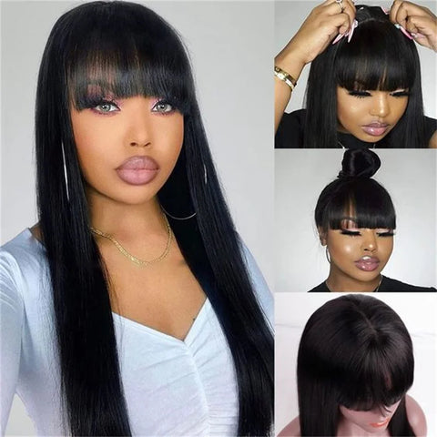 Image of Silky Wig Human Hair Full Machine Made Straight 100% Human Hair Wigs With Bangs For Women Brazilian Cheap Wig On Sale Clearance-FrenzyAfricanFashion.com