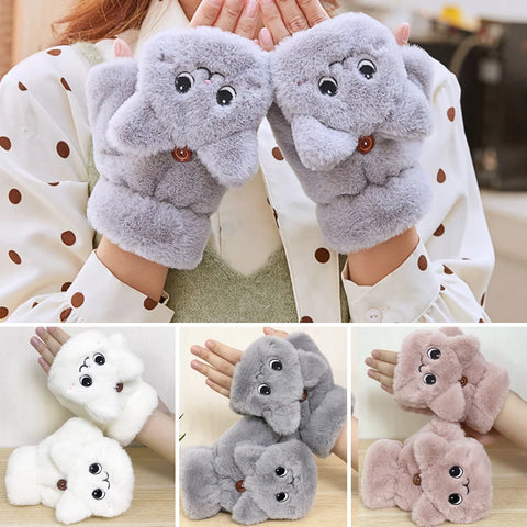 Image of Fashion Women Plush Warm Glove Fur Rabbit Cat Mittens Flip Fingerless Gloves Soft Girls Thick Gloves Flexible Half Finger Winter-FrenzyAfricanFashion.com