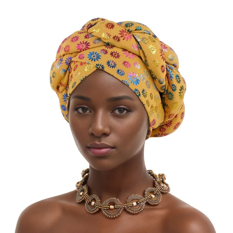 Image of Flower Bronzing African Braid Turban Caps Shining Women's Head Wraps Nigeria Wedding Geles Party Headgear Auto Gele Headtie-FrenzyAfricanFashion.com