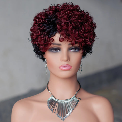 Image of 6inch Short Curly Wigs T1B/99J None Lace Front Human Hair Wigs with Bangs 180% Density Machine Made Pixie Cut Curly Wave Wig-FrenzyAfricanFashion.com