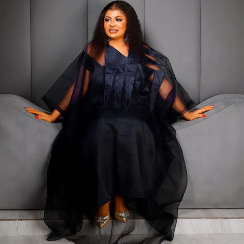 Image of African Attire For Women Black Abaya Embroidery Plus Size Elegant Party Church Dress With Scarf-FrenzyAfricanFashion.com