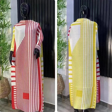 Image of New Miyake Pleated Stripe Print Dress Fashion Relaxed Party Temperament Long Dress Spring Elegant Women's-FrenzyAfricanFashion.com