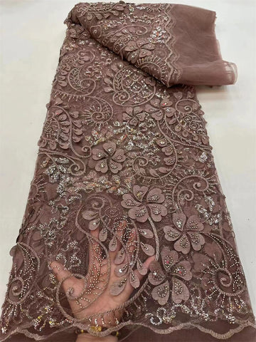 Image of Purple Latest Nigerian Lace Fabrics Bead sequins Fabrics For Wedding 5Yards-FrenzyAfricanFashion.com