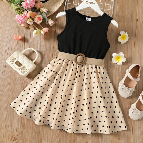 Image of PatPat 2pcs Girl Dresses Kids Clothes Girl Polka Dots Ribbed Girls Splice Sleeveless Dress & Belt-FrenzyAfricanFashion.com